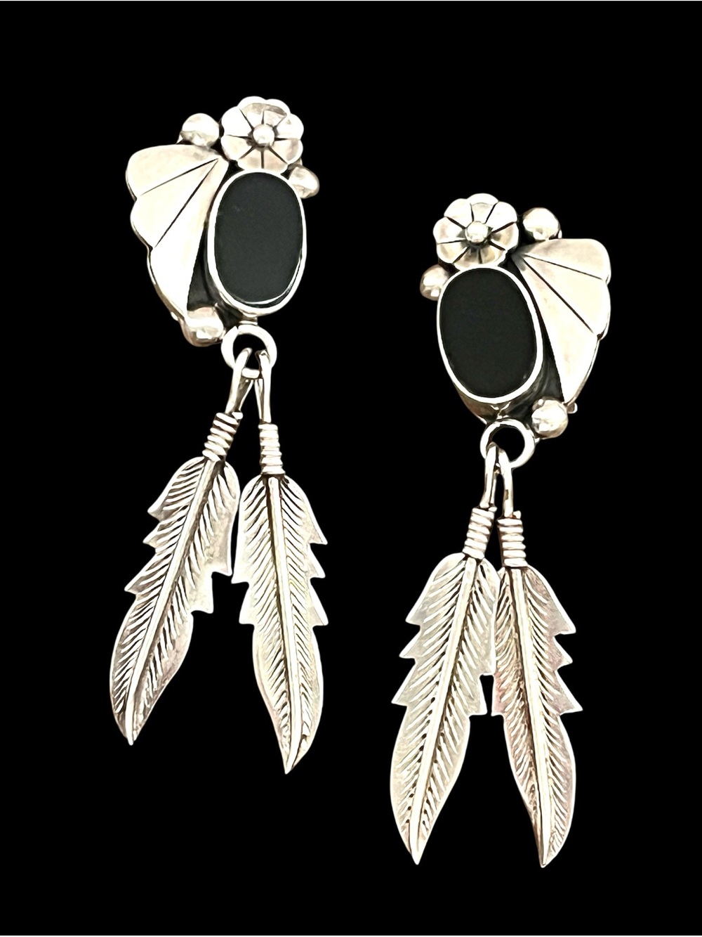 Taxco Vintage Sterling Silver Onyx Feather Dangle Clip On Earrings TP-49 925
